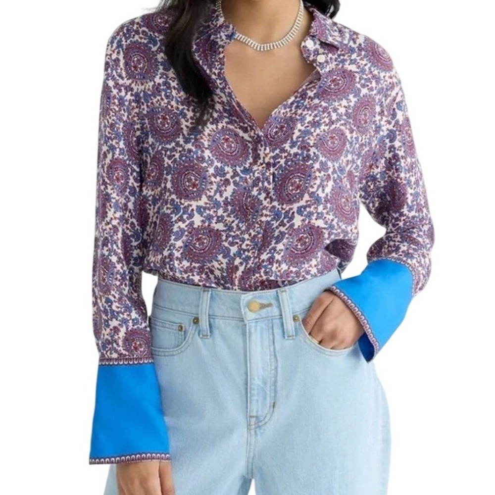 J.Crew Classic‎ Paisley Button Down Shirt Womens 18 Blue Burgundy Cupro Viscose